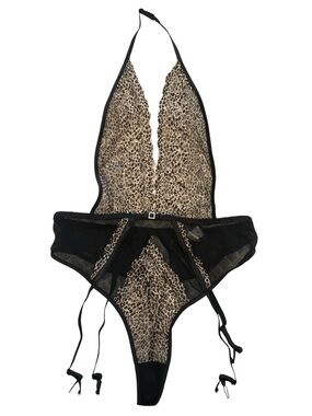 Shirley of Hollywood NWT Leopard Print Lace Halter Teddy with garter